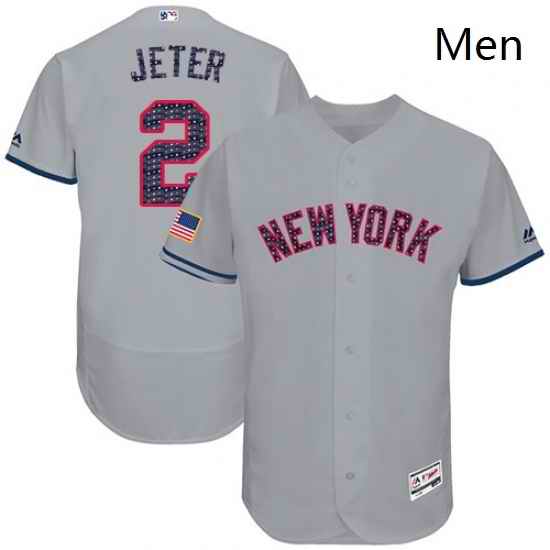 Mens Majestic New York Yankees 2 Derek Jeter Grey Stars Stripes Authentic Collection Flex Base MLB Jersey